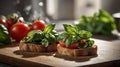 Delicious Bruschetta with Fresh Basil and Tomatoes on Wooden Board in Bright Kitchen Royalty Free Stock Photo