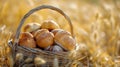 Fresh Basket with bread and rolls. Blurred wheat field summer background Royalty Free Stock Photo