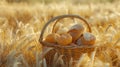 Fresh Basket with bread and rolls. Blurred wheat field summer background Royalty Free Stock Photo