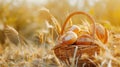 Fresh Basket with bread and rolls. Blurred wheat field summer background Royalty Free Stock Photo