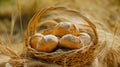 Fresh Basket with bread and rolls. Blurred wheat field summer background Royalty Free Stock Photo