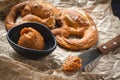 Fresh Bavarian Pretzel with Homemade Mangalica Fat Spread Royalty Free Stock Photo