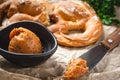 Fresh Bavarian Pretzel with Homemade Mangalica Fat Spread Royalty Free Stock Photo