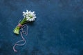 Fresh beautiful bouquet of the first spring forest snowdrops  flowers with red and white cord martisor - traditional symbol of the Royalty Free Stock Photo