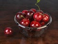 Fresh beautiful cherries in a glass bowl - top down view Royalty Free Stock Photo