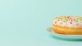 Fresh beautiful donut on a white plate on a light blue background