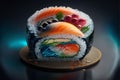 Fresh Beautiful Sushi Setup with Salmon Maki and Misterious Ingredients. Ai generated