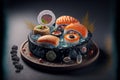 Fresh Beautiful Sushi Setup with Salmon Maki and Misterious Ingredients. Ai generated