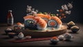 Fresh Beautiful Sushi Setup with Salmon Maki and Mysterious Ingredients