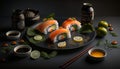 Fresh Beautiful Sushi Setup with Salmon Maki and Mysterious Ingredients