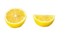 Fresh beautiful yellow lemon half with quarter in set isolated on white background with clipping path. Front view and flat lay Royalty Free Stock Photo