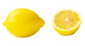 Fresh beautiful yellow lemon set with whole fruit and half isolated on white background with clipping path. Front view and flat Royalty Free Stock Photo