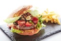Fresh Beef Burger with Bacon, Fried Onions and French Fries Garn