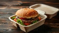 Fresh Beef Burger in Eco-Friendly Packaging on Wooden Table