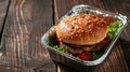 Fresh Beef Burger in Eco-Friendly Packaging on Wooden Table