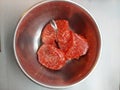 Fresh beef meat in silver bowl