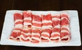 Fresh beef slides on white dish with dark background