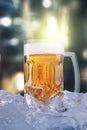 Fresh beer in a glass with blurred lights background Royalty Free Stock Photo