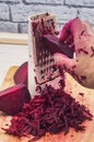 Fresh beet grated, grate beetroot on a grater