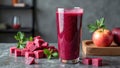 Fresh beet juice with apples and berry gummies on a rustic table Royalty Free Stock Photo