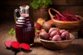Fresh beet juice in a glass on a charming rustic background, ideal for a healthy lifestyle
