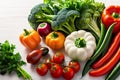 Fresh bell peppers, broccoli, chili, green beans, tomatoes, parsley, salad greens. Generative AI Royalty Free Stock Photo