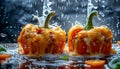 Fresh Bell Peppers with Melted Cheese Topping Splashed with Water Droplets on Dark Background Royalty Free Stock Photo