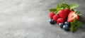 Fresh Berries Arrangement with Mint Leaves on Gray Background, copy space for text Royalty Free Stock Photo
