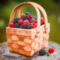 Fresh berries in basket. close-up of summer raspberries and blackberries outdoors Royalty Free Stock Photo