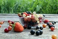 Fresh berries of cherry, gooseberry, currant lie on a glass plate and scattered around it