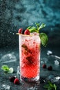 Fresh berries cocktail with raspberry, blackberry, mint and ice in jar glass on dark blue background. Royalty Free Stock Photo