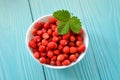 Fresh berries of forest strawberry on light blue wooden background, top view. strawberries in white dish, decorated with green lea Royalty Free Stock Photo