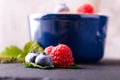 Fresh berries in front of creamy dessert in blue bowl Royalty Free Stock Photo