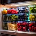 Fresh berries fruit stored neatly in organized clear pastic containers