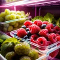 Fresh berries fruit stored neatly in organized clear pastic containers