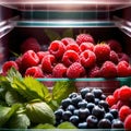 Fresh berries fruit stored neatly in organized clear pastic containers