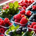 Fresh berries fruit stored neatly in organized clear pastic containers