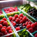 Fresh berries fruit stored neatly in organized clear pastic containers