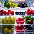 Fresh berries fruit stored neatly in organized clear pastic containers