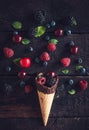 Fresh berries fruits and ice cream cone Royalty Free Stock Photo