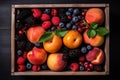 Fresh berries and fruits in a wooden box on the table, harvesting Royalty Free Stock Photo