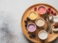 Fresh berries ice cream of different colors in paper cups and various berries on round wood tray on a gray background. Top view. Royalty Free Stock Photo