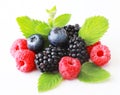 Fresh berries isolated on white background. Raspberry, Blueberry, Cranberry, Blackberry and Mint leaves Royalty Free Stock Photo