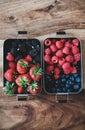 Fresh berries in metal lunchboxes over wooden background, copy space Royalty Free Stock Photo