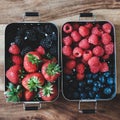 Fresh berries in metal lunchboxes over wooden background, square crop Royalty Free Stock Photo