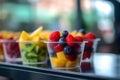 Fresh berries and pieces of fruit in a plastic glass to take away as a snack. Raspberry, kiwi, mango, cherries in cup