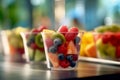 Fresh berries and pieces of fruit in a plastic glass to take away as a snack. Raspberry, kiwi, mango, cherries in cup
