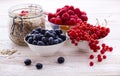 Fresh berries raspberries, yogurt and homemade granola for breakfast, top view, horizontal Royalty Free Stock Photo