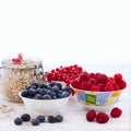 Fresh berries raspberries, yogurt and homemade granola for breakfast, top view, square Royalty Free Stock Photo