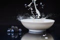 Fresh berries splashing in white bowl with milk